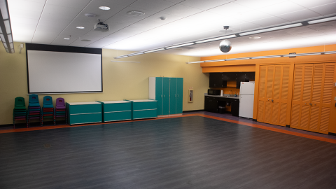 Palm room with open floor, projection screen and cabinets along wall, and kitchenette.