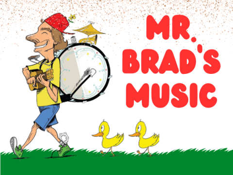 Mr. Brad's Music. Man with drum and instruments followed by ducks.