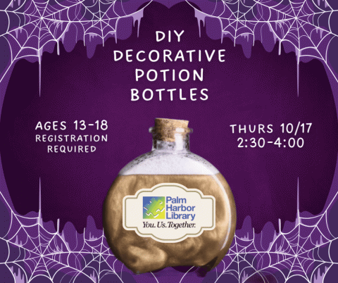 animated gif of a potion bottle on a purple background with cobwebs and text for the program