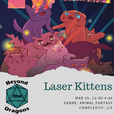 A colorful drawing of a pile of kittens with lasers coming from their eyes with the program information written underneath.