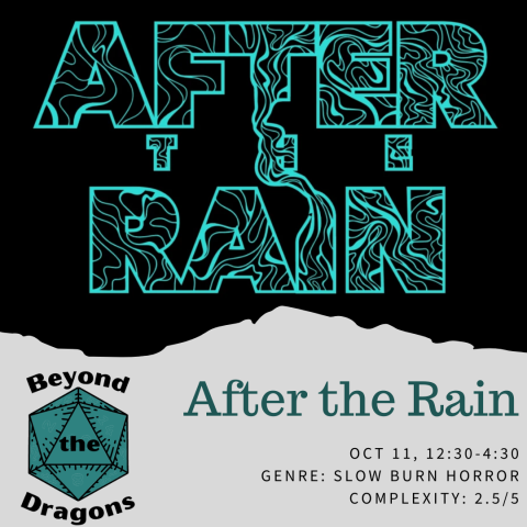 The title "After the Rain" written in blue squiggles with the program information written underneath.