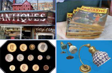 Composite photo of four images that show an antiques storefront, a stack of rare comic books, a coin collection, and antique lamps.