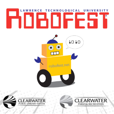 RoboFest logo, Clearwater Public Library System logo, and Clearwater Parks & Recreation logo; robofest.net