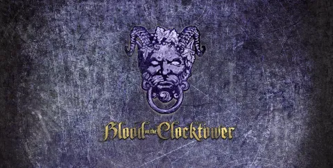 An image of a gargoyle face, like an old door knocker, with the text "Blood on the Clocktower" below it.